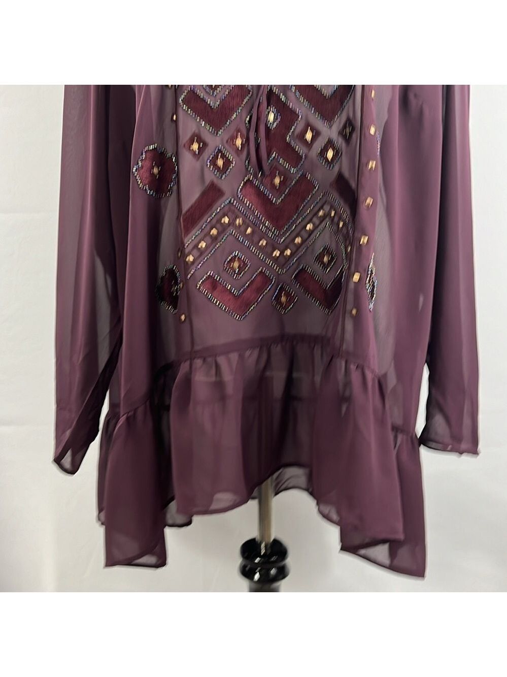LOGO Lavish by Lori Goldstein Burgundy Sheer Peplum Top Beading Sequins 28W NWOT - Picture 4 of 12